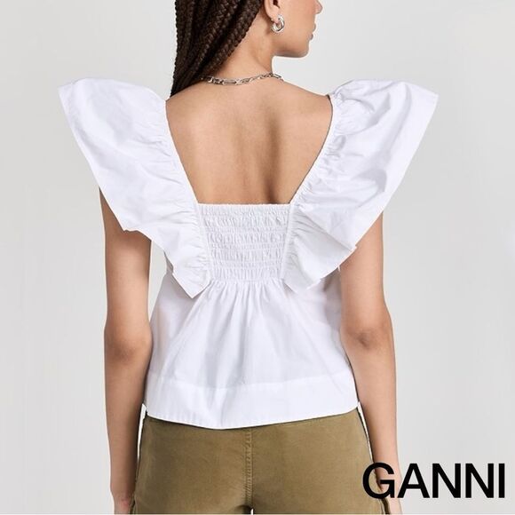 GANNI **NWT** Sleeveless Ruffle Cotton Poplin Blouse / Tank in Bright White - Picture 12 of 16